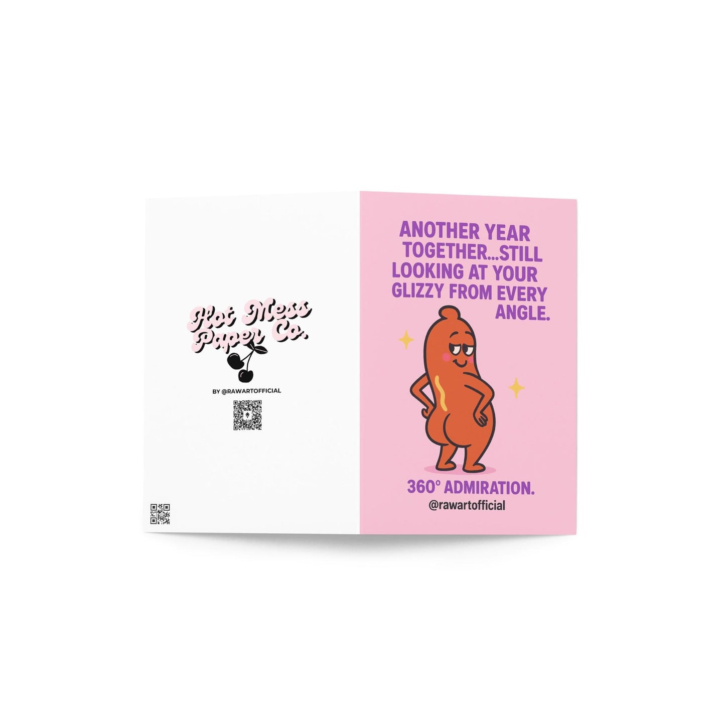 Buff cartoon hot dog posing confidently with sparkles, pink background, funny anniversary message in bold text.