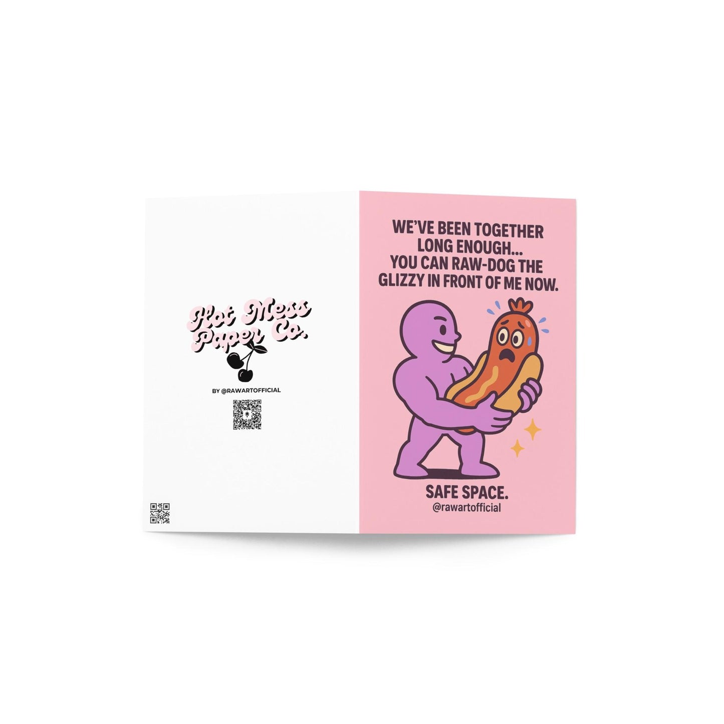 Illustration of a purple buff character holding a worried hot dog in its bun like a romantic gesture, with bold anniversary text above.