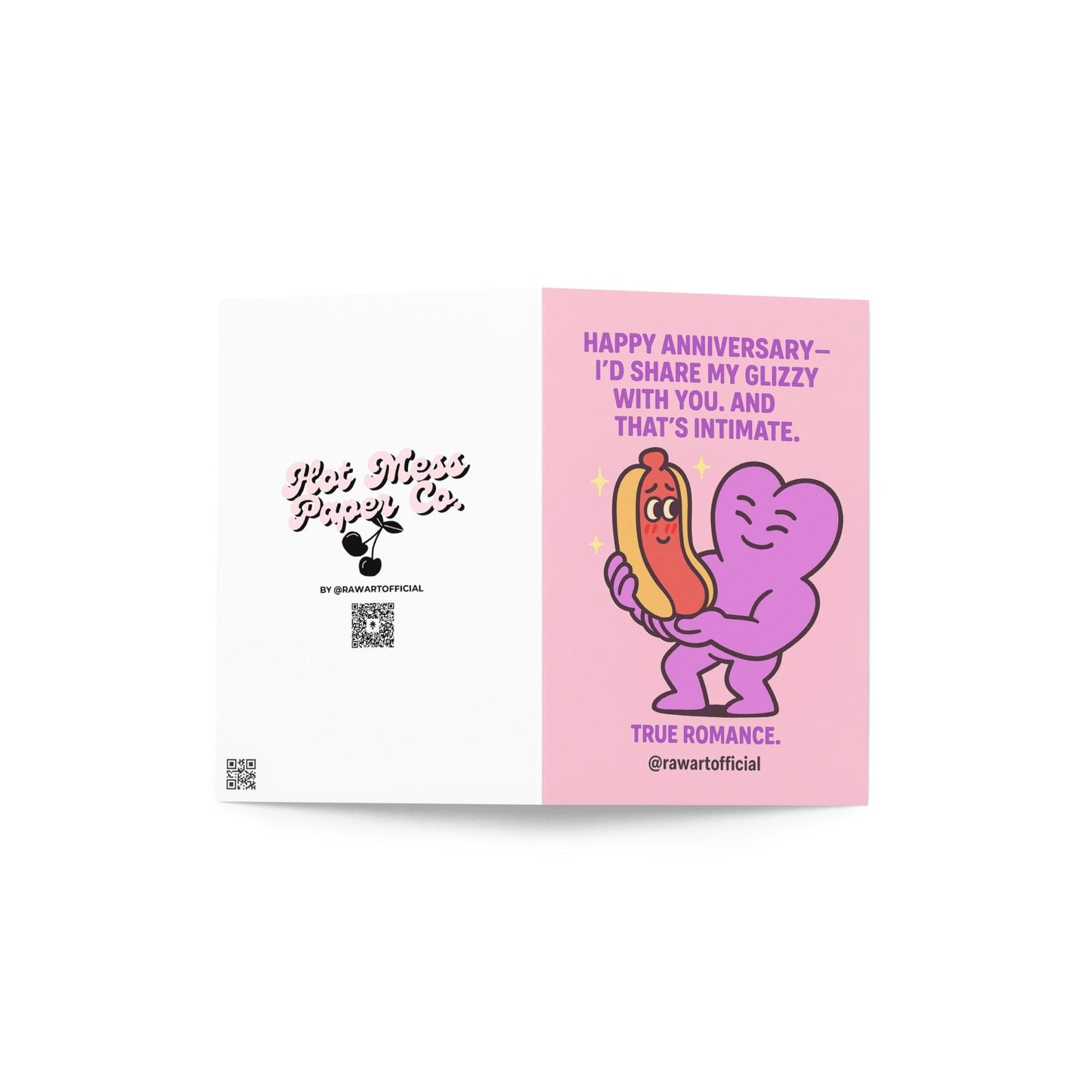 Illustration of a smiling purple heart character gently holding a blushing hot dog character, with romantic sparkles around them and anniversary text above.