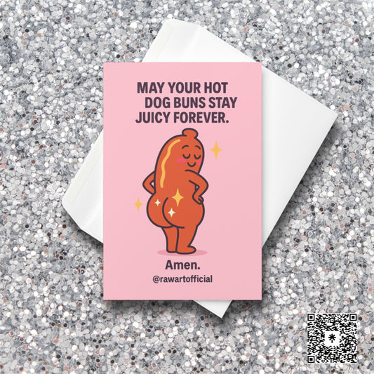Cute cartoon hot dog posing with juicy buns and sparkle accents on a pink background, humorous Valentine and anniversary card by rawartofficial.