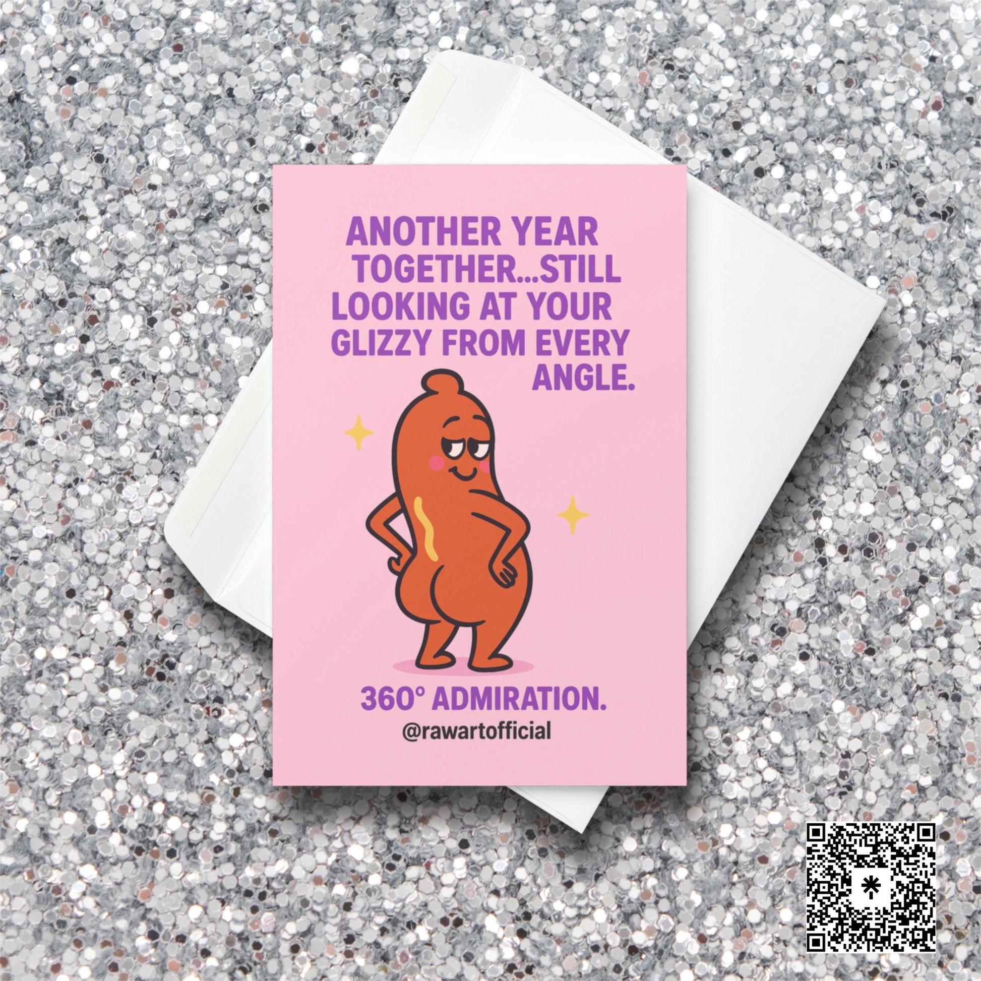 Buff cartoon hot dog posing confidently with sparkles, pink background, funny anniversary message in bold text.