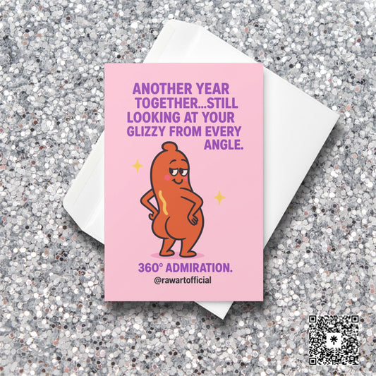 Buff cartoon hot dog posing confidently with sparkles, pink background, funny anniversary message in bold text.