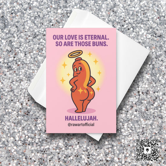 Cartoon angel hot dog showing off glowing buns with sparkles, humorous anniversary card by @rawartofficial.