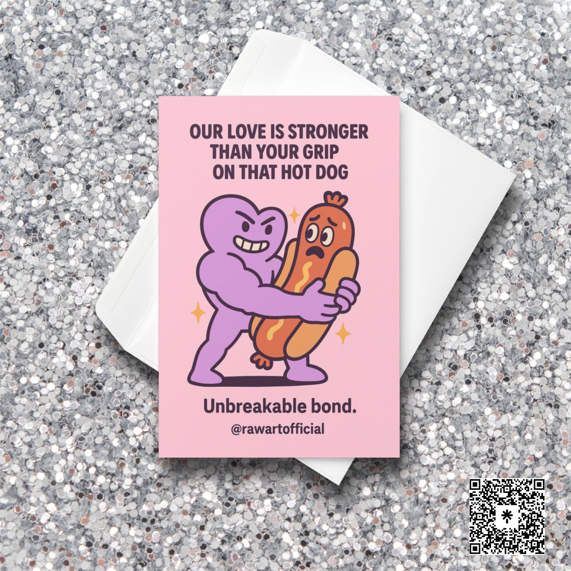 Buff purple heart hugging a scared cartoon hot dog on a pink background, humorous love card by @rawartofficial.