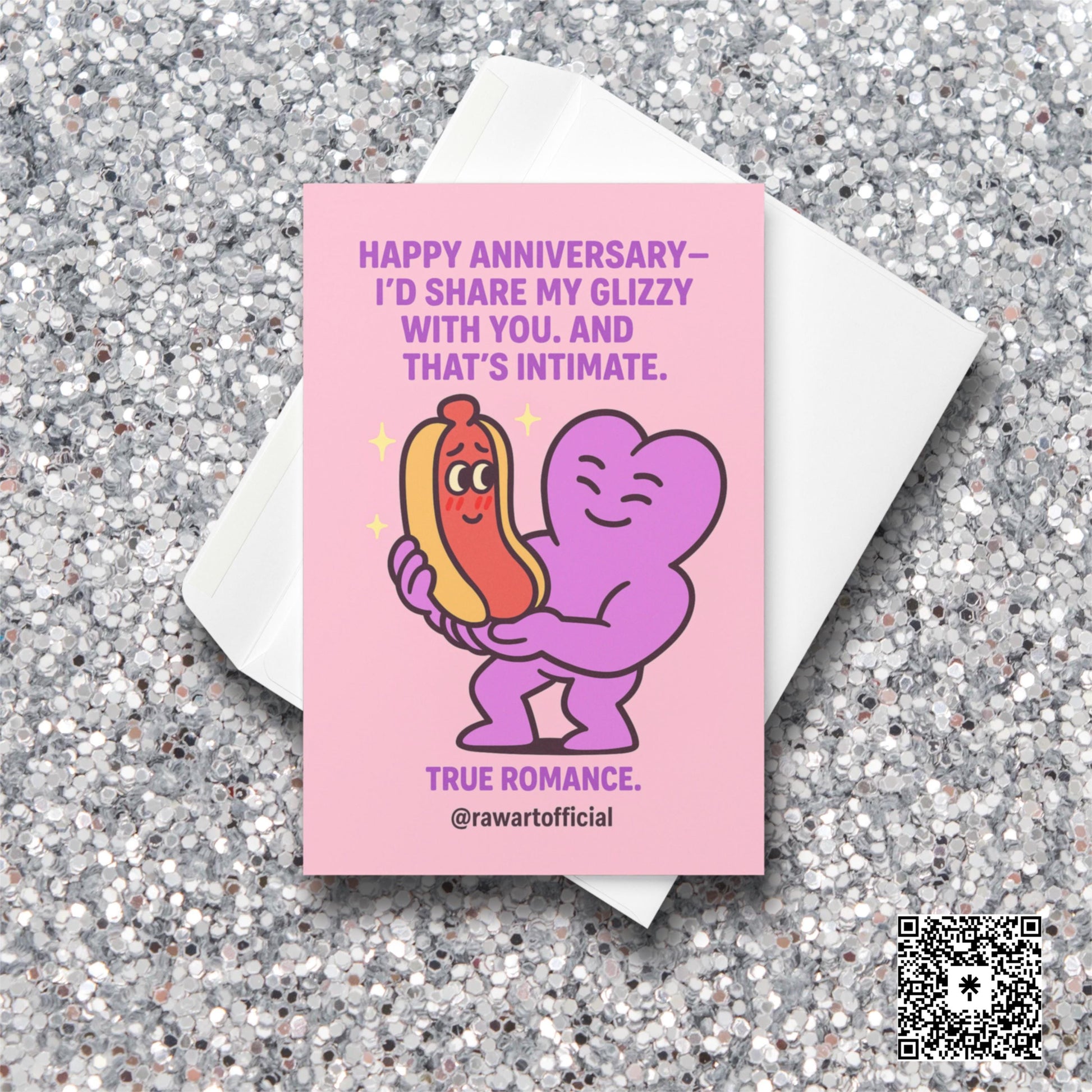 Illustration of a smiling purple heart character gently holding a blushing hot dog character, with romantic sparkles around them and anniversary text above.