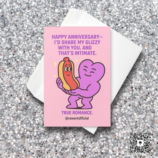 Illustration of a smiling purple heart character gently holding a blushing hot dog character, with romantic sparkles around them and anniversary text above.