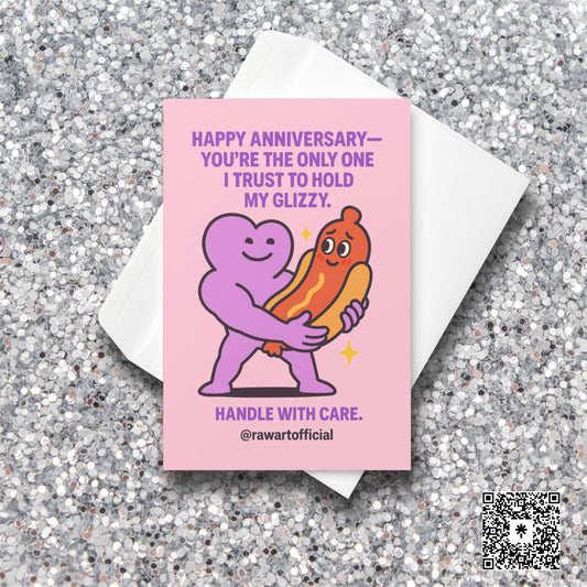 Cute cartoon heart character holding shy hot dog glizzy for funny anniversary card by @rawartofficial.