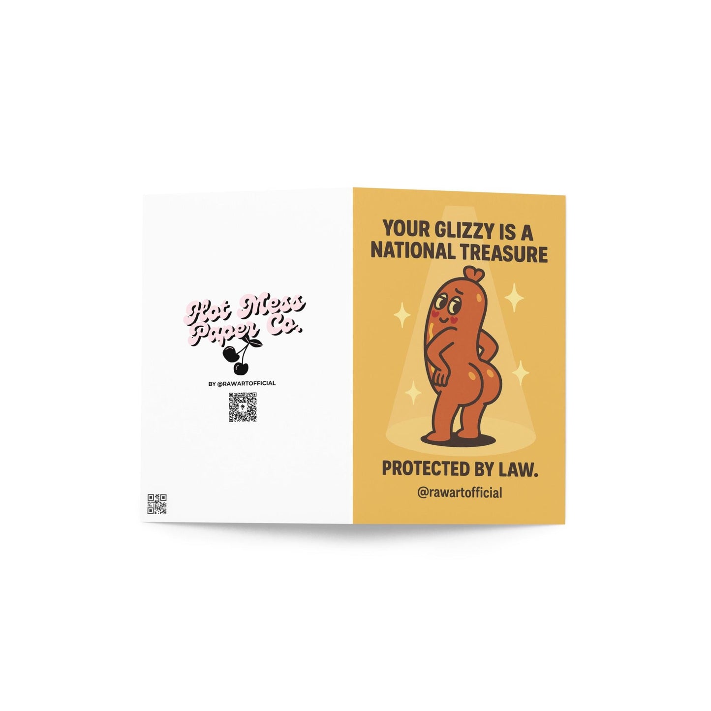 Funny anniversary card with a posing cartoon hot dog under a spotlight, celebrating buns as a national treasure.