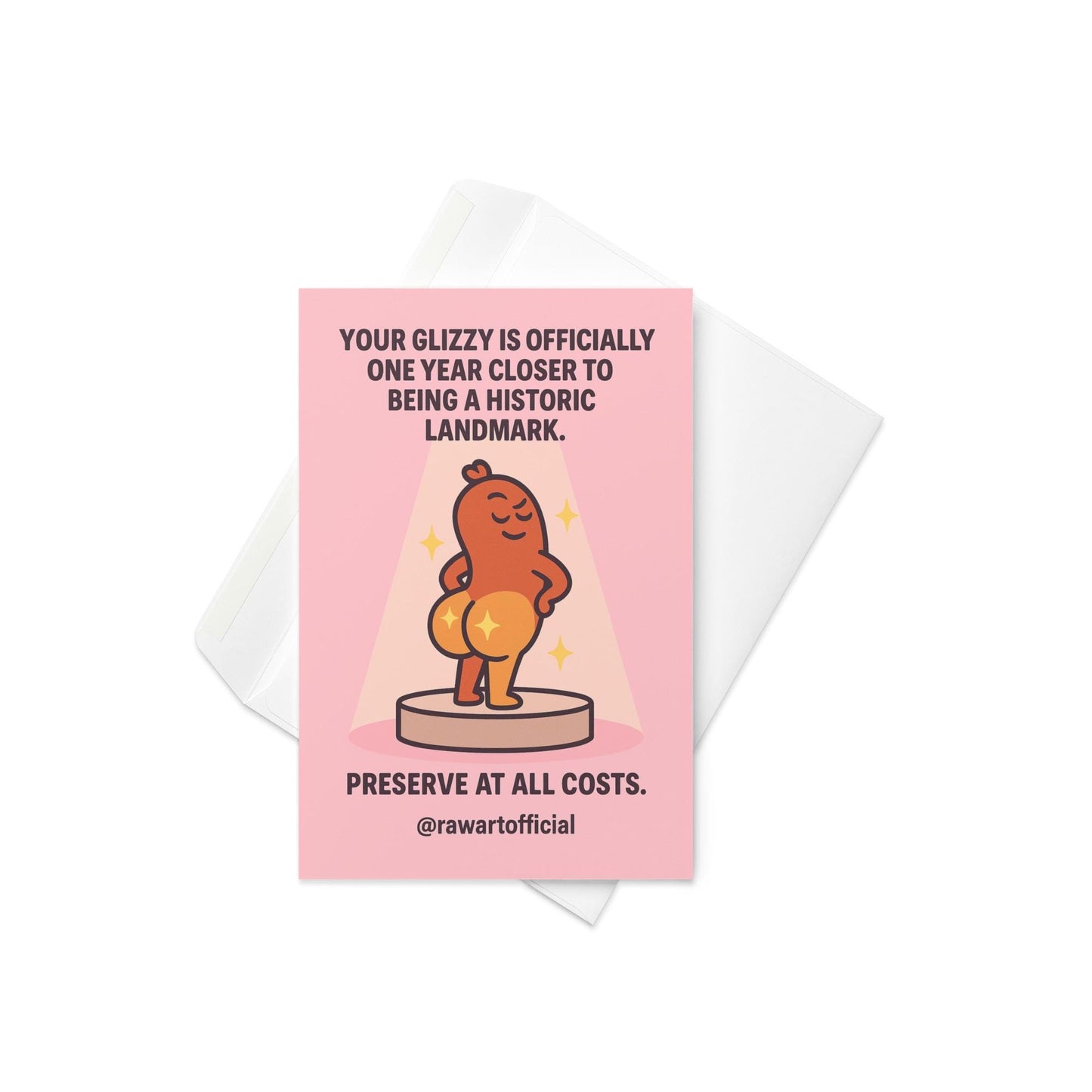 Funny birthday card with cartoon hot dog glizzy displayed like a historic landmark on a pink background