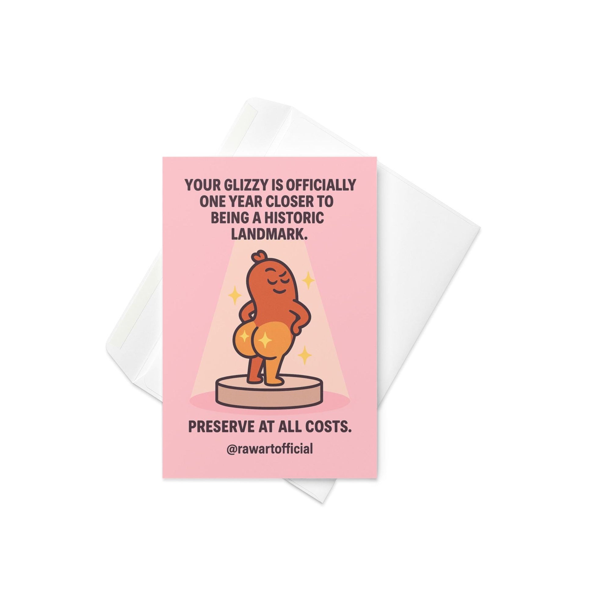 Funny birthday card with cartoon hot dog glizzy displayed like a historic landmark on a pink background