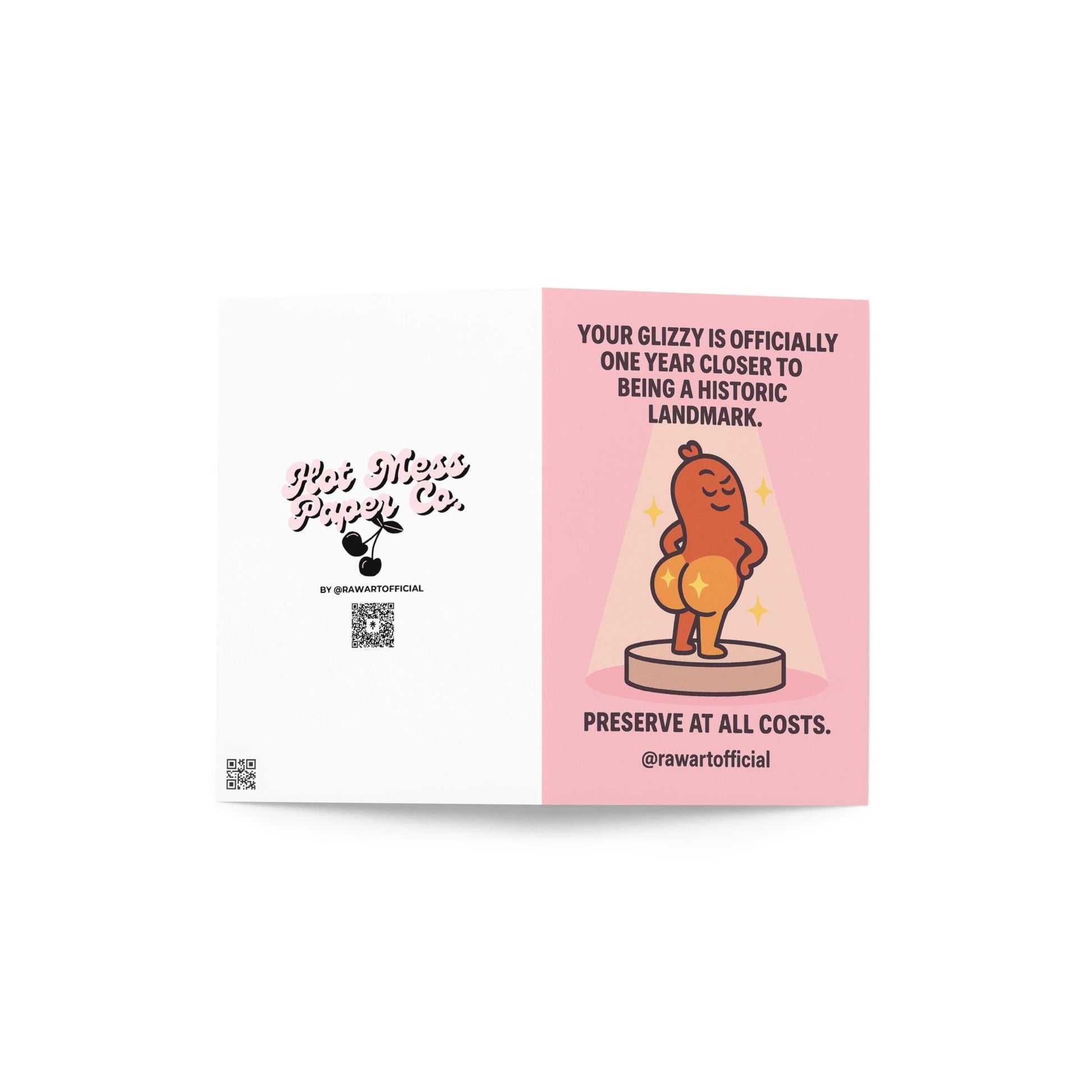 Funny birthday card with cartoon hot dog glizzy displayed like a historic landmark on a pink background