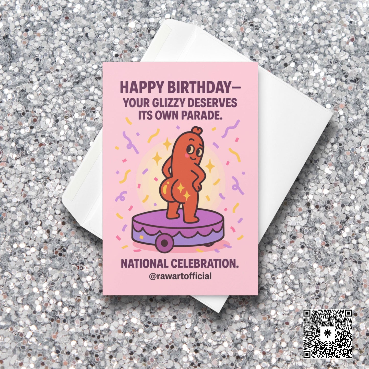 Funny birthday card with a cartoon hot dog character standing on a parade float surrounded by confetti and sparkles
