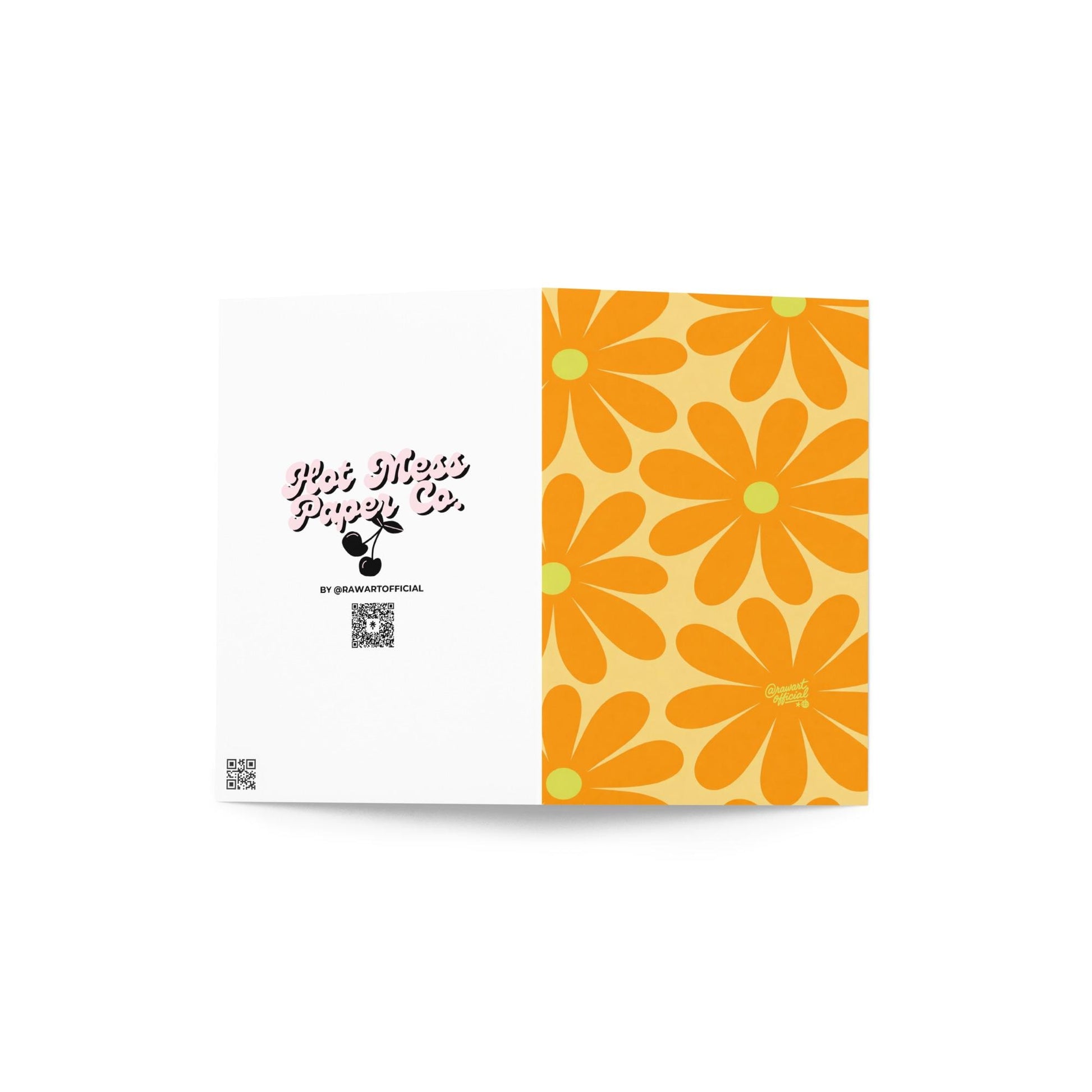 retro orange daisy pattern card bright 70s flower design yellow background spring mothers day floral stationery aesthetic