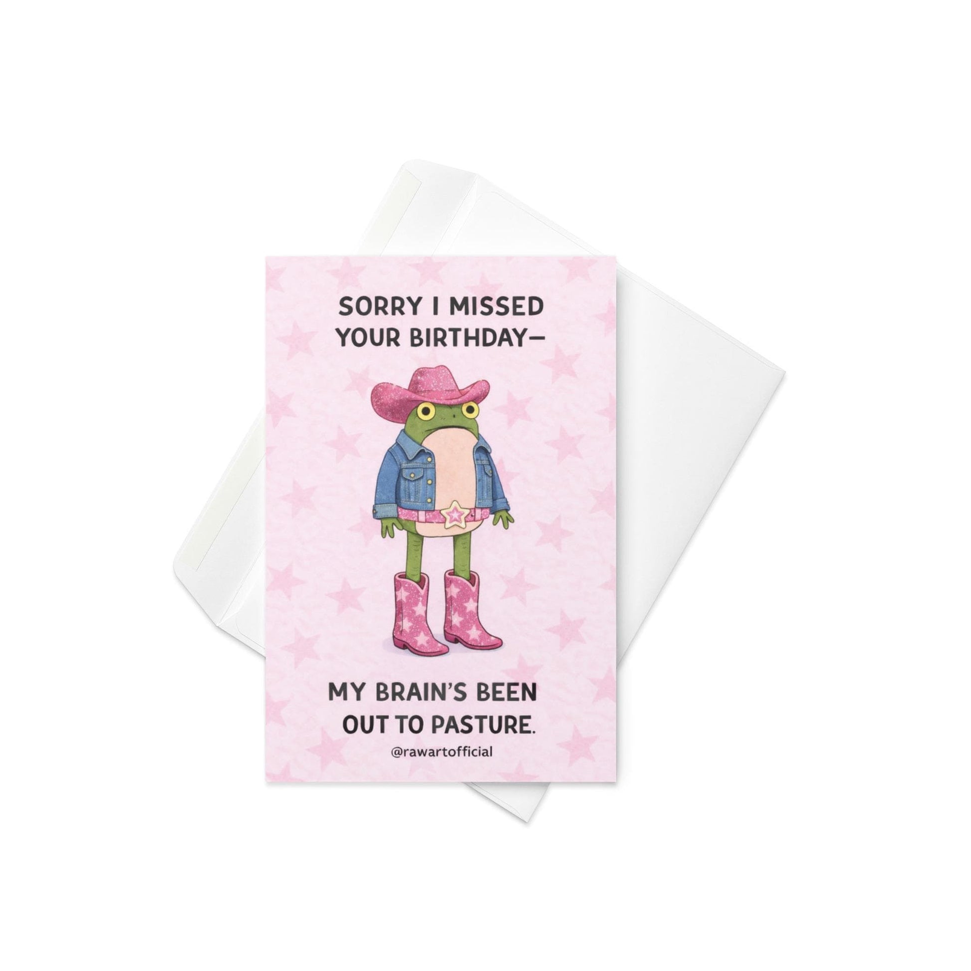 cowgirl frog apology birthday card with pink boots denim jacket and western theme late birthday greeting
