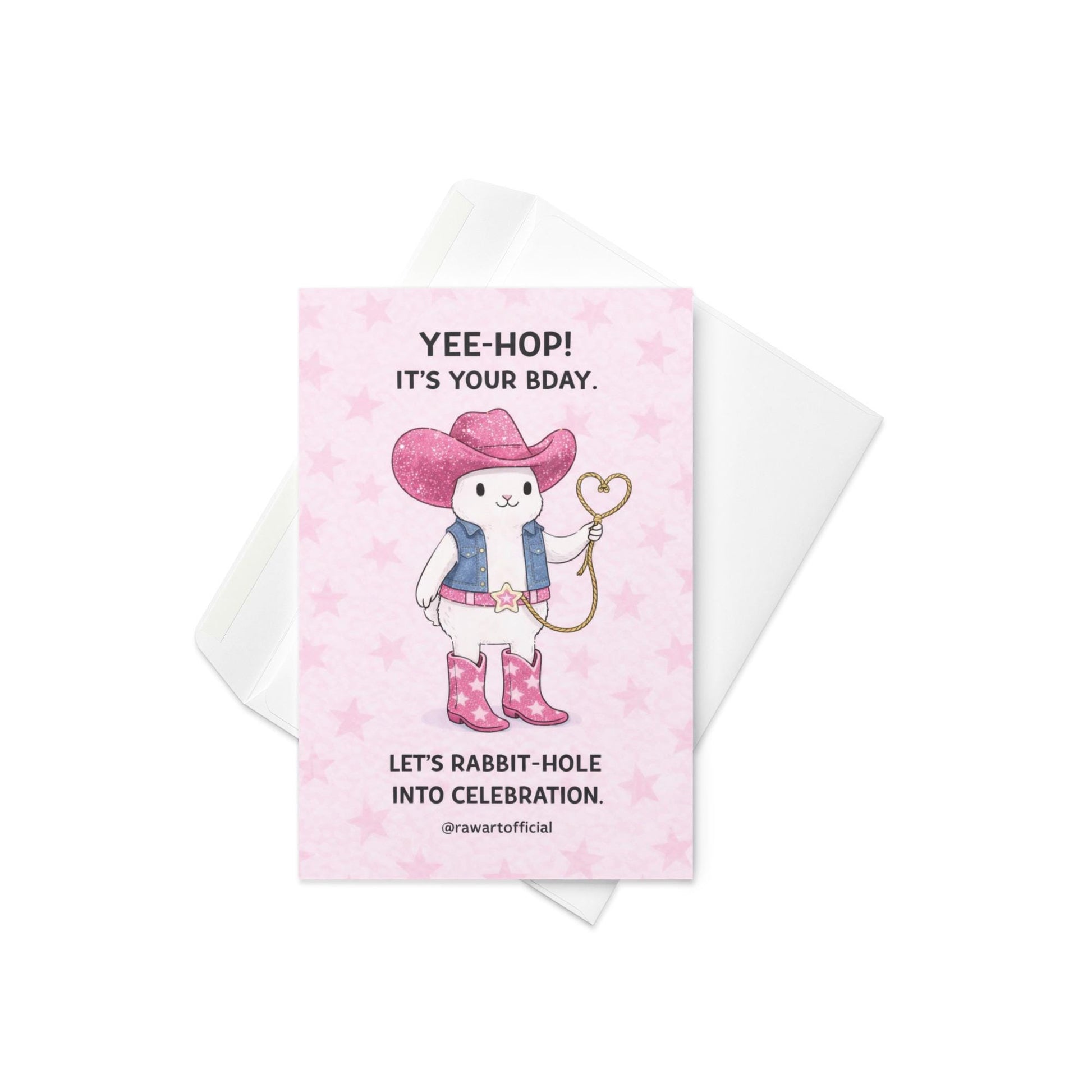 pink cowgirl bunny birthday card with western hat boots and lasso playful rabbit birthday illustration