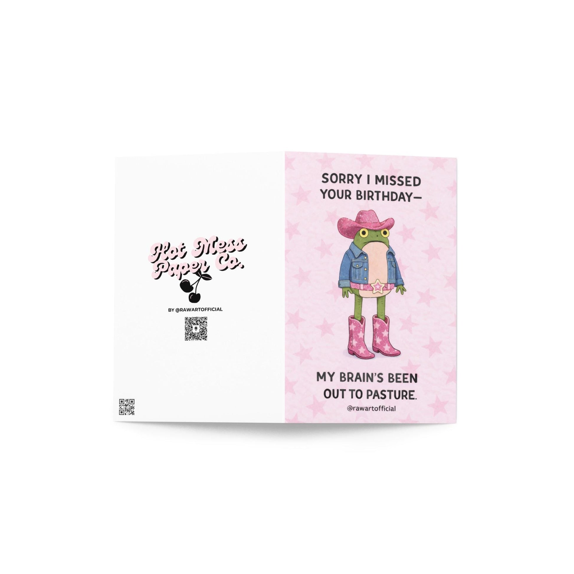 cowgirl frog apology birthday card with pink boots denim jacket and western theme late birthday greeting