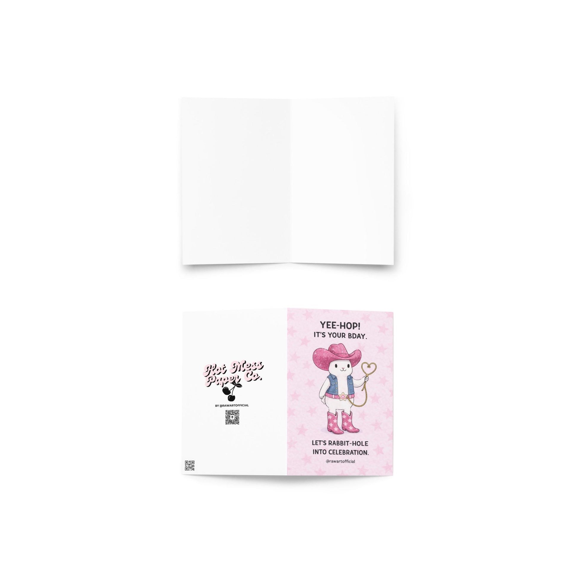 pink cowgirl bunny birthday card with western hat boots and lasso playful rabbit birthday illustration