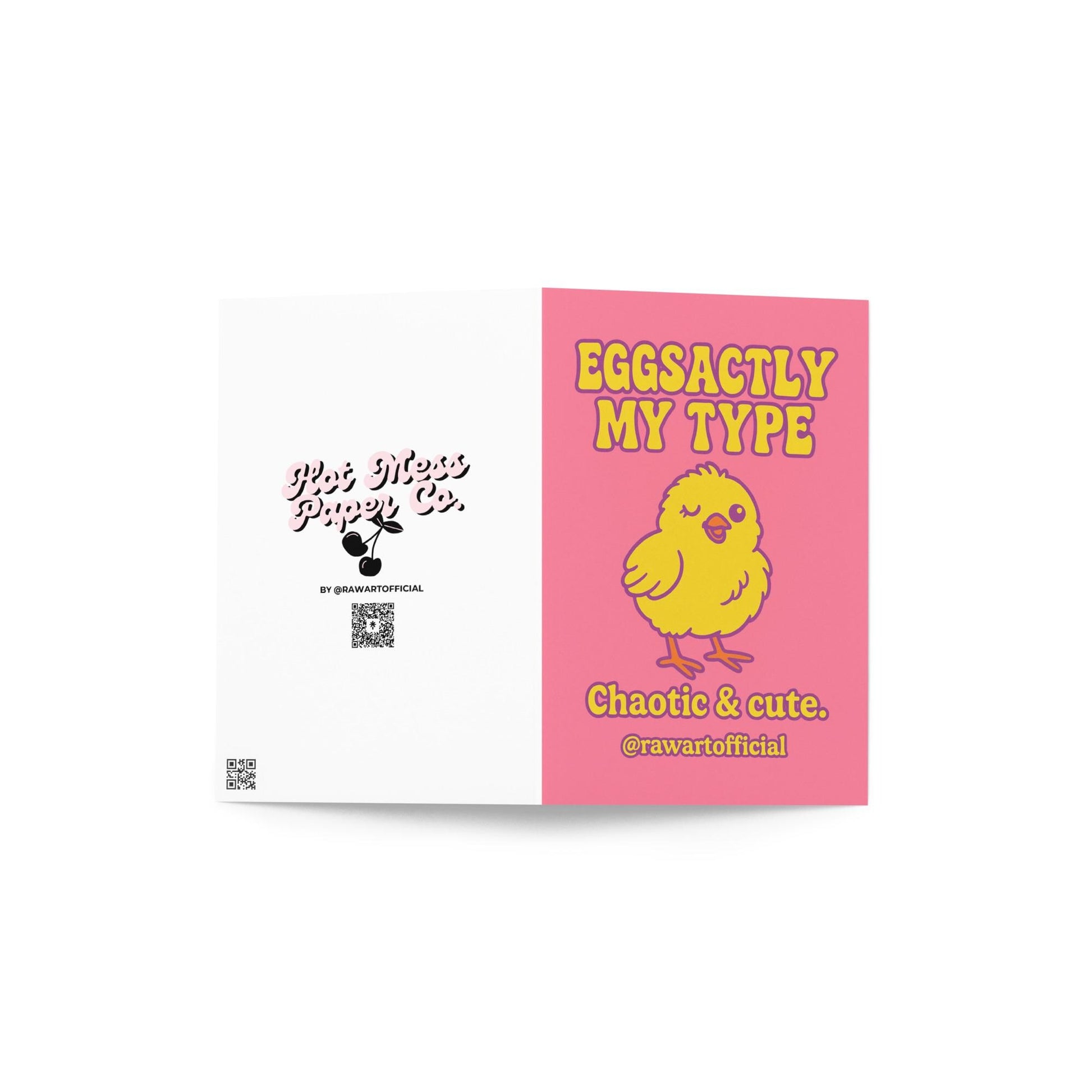 pink easter love card with winking yellow chick and eggsactly my type pun flirty chaotic humor