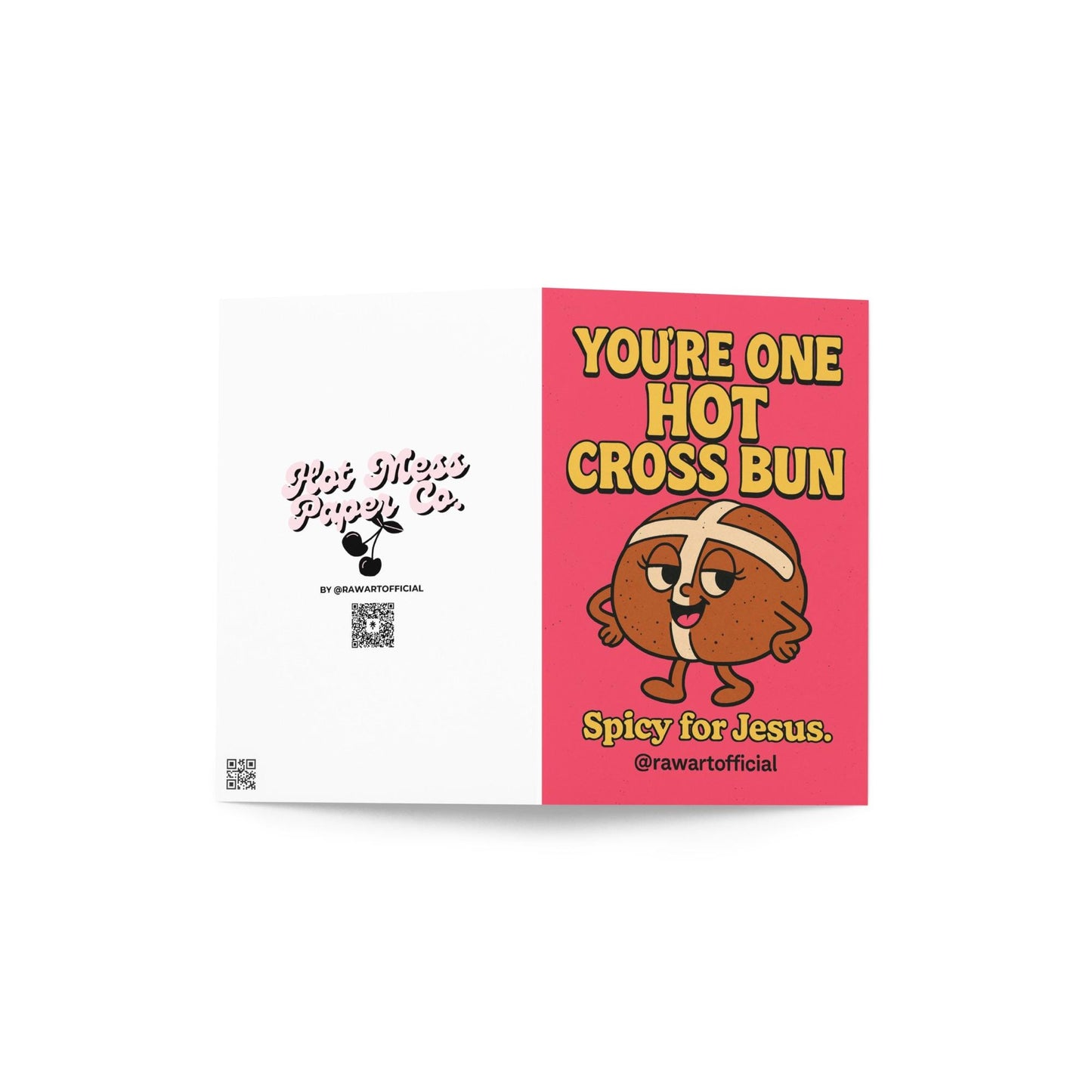 pink easter card with retro hot cross bun character and text you’re one hot cross bun spicy for jesus food pun design