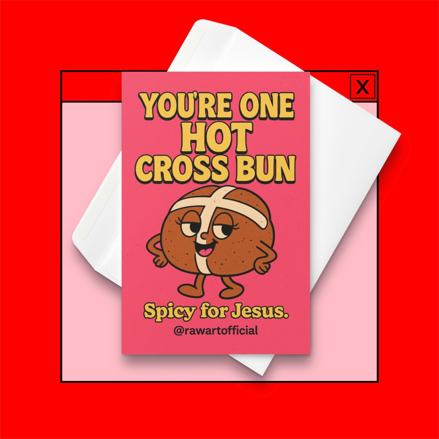 pink easter card with retro hot cross bun character and text you’re one hot cross bun spicy for jesus food pun design