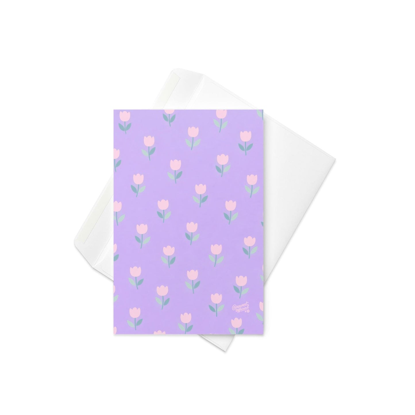 purple card with repeating pink tulip flowers cute pastel spring floral pattern