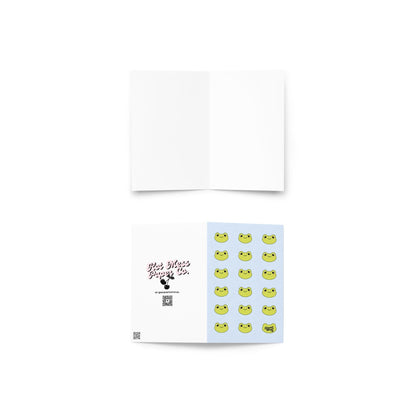 pastel blue frog pattern card with cute smiling kawaii frog faces repeating design cute animal stationery frog lover card