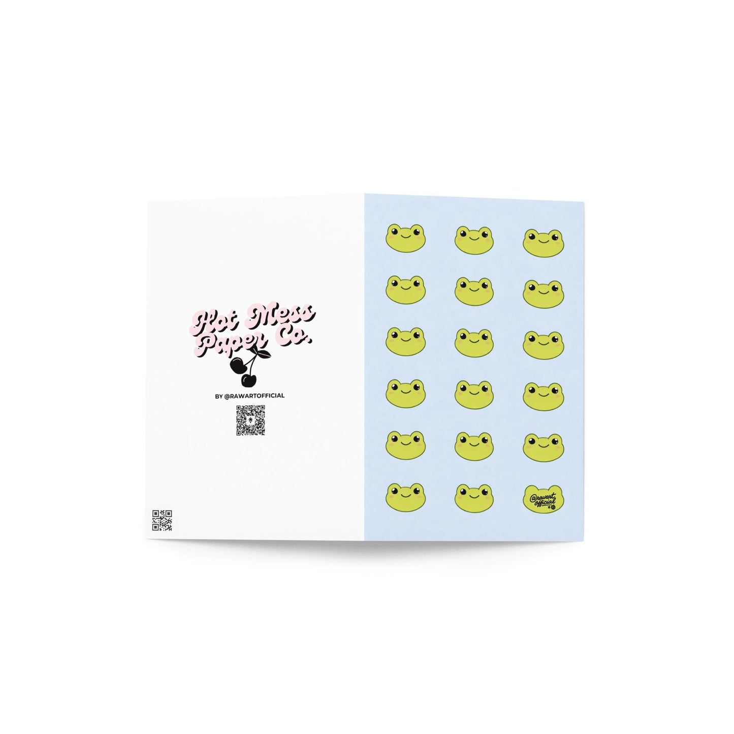 pastel blue frog pattern card with cute smiling kawaii frog faces repeating design cute animal stationery frog lover card