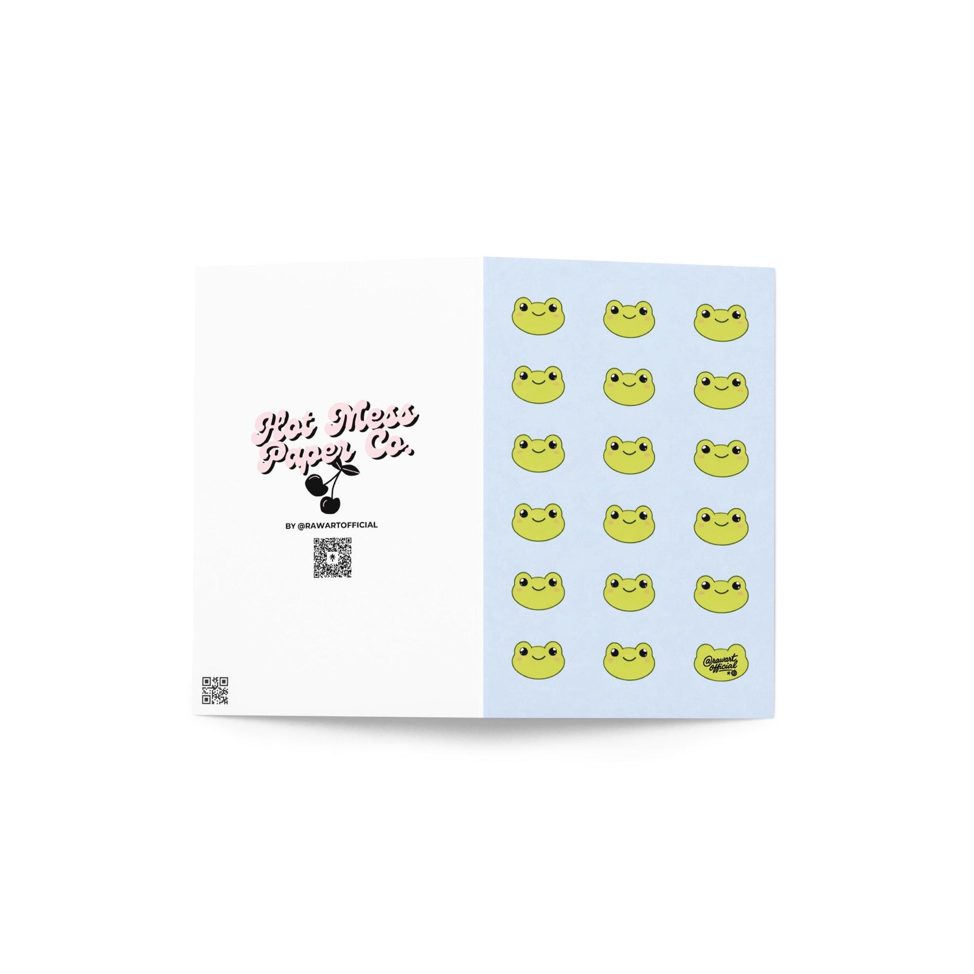pastel blue frog pattern card with cute smiling kawaii frog faces repeating design cute animal stationery frog lover card