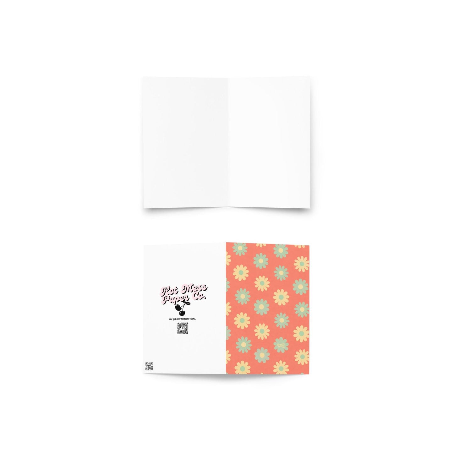 coral card with repeating retro mint and yellow daisy flower pattern spring design