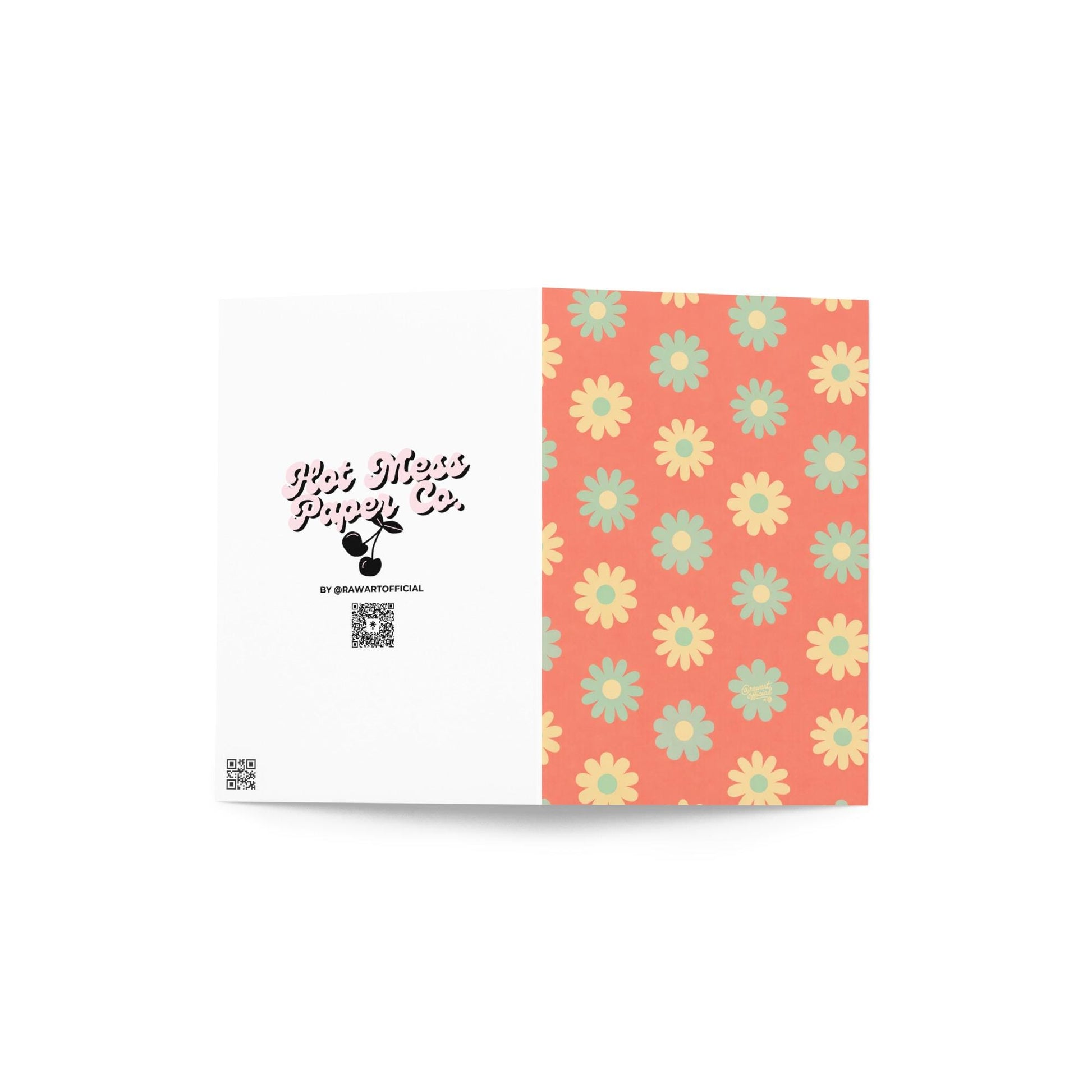 coral card with repeating retro mint and yellow daisy flower pattern spring design