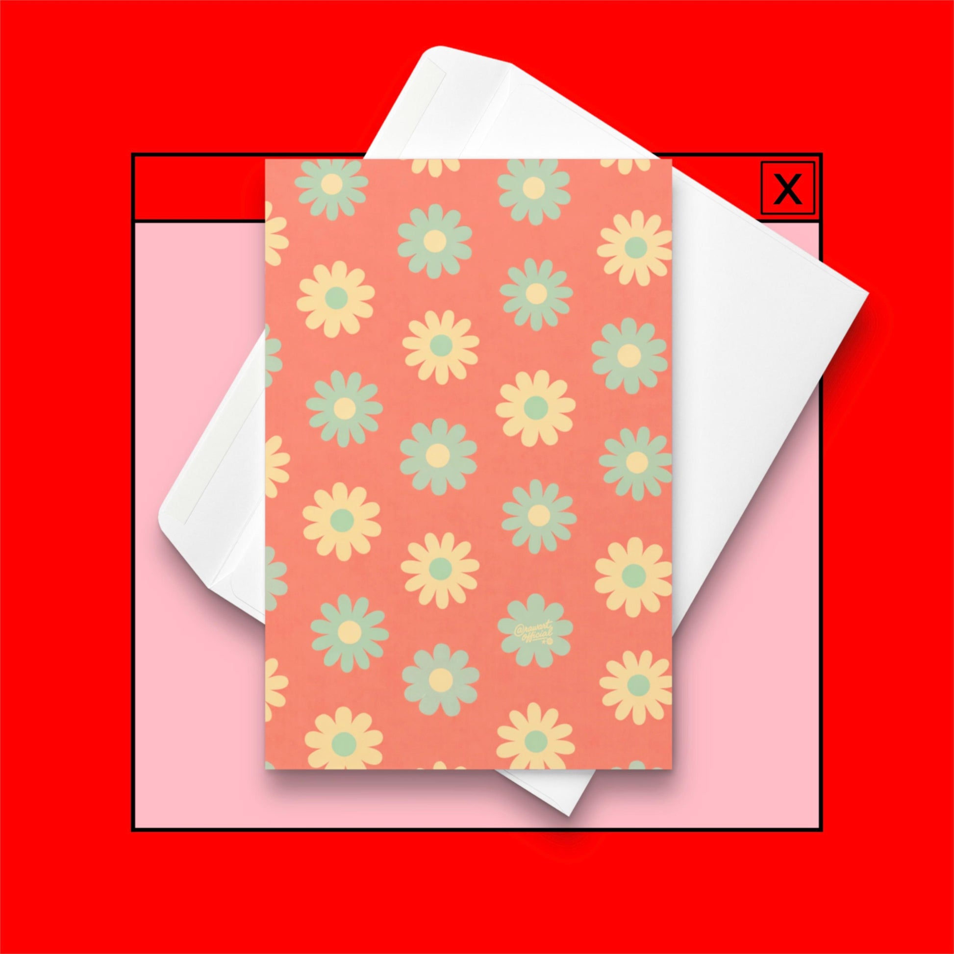 coral card with repeating retro mint and yellow daisy flower pattern spring design