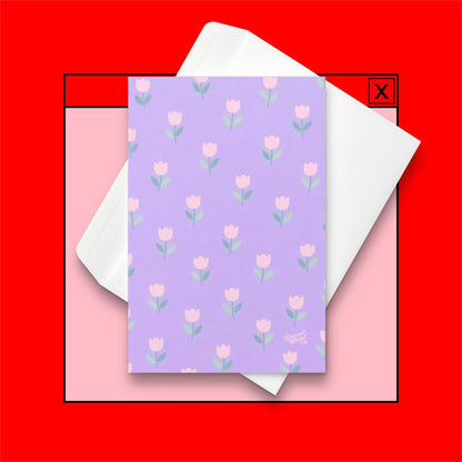 purple card with repeating pink tulip flowers cute pastel spring floral pattern