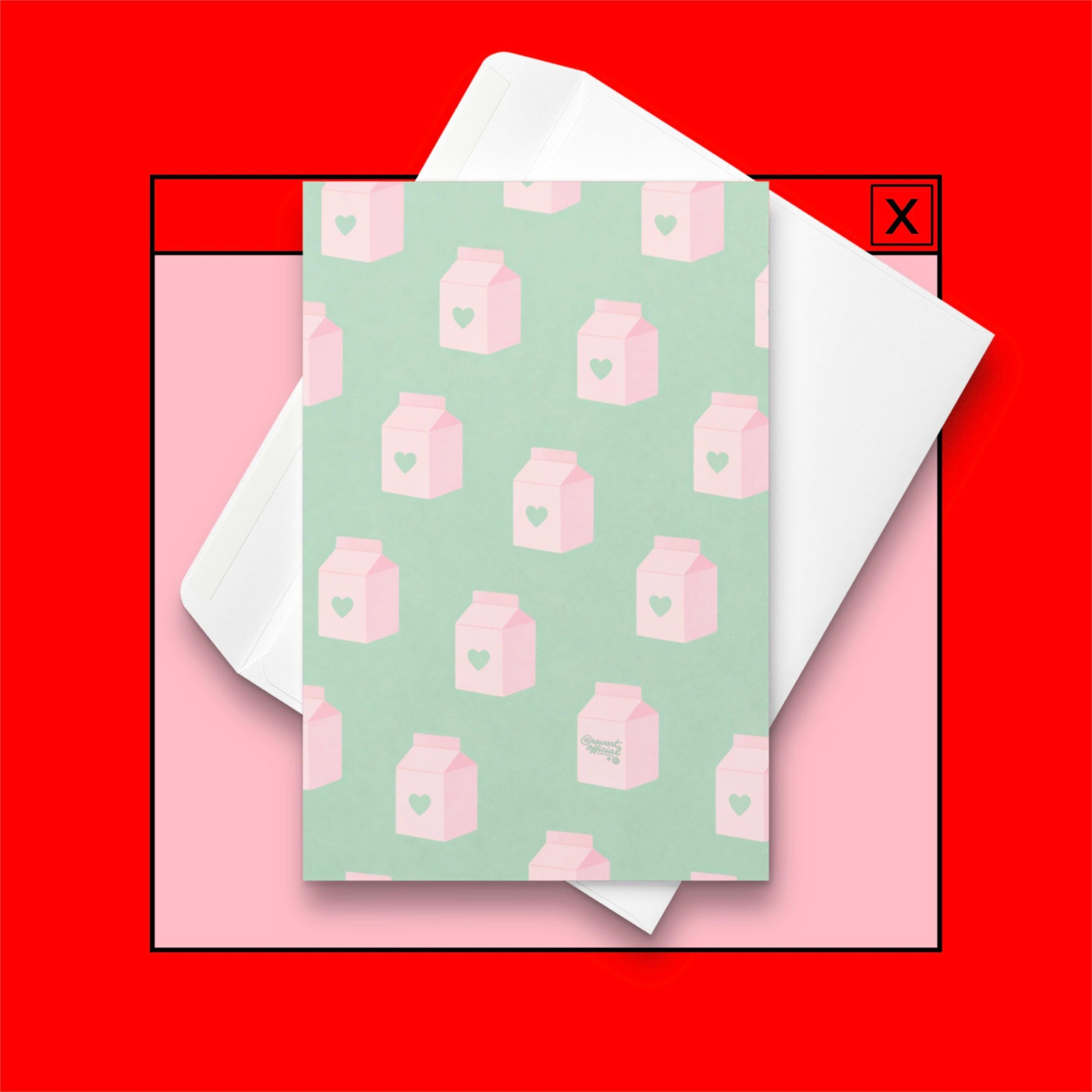 pastel pink milk carton pattern card with mint green background cute kawaii milk box design soft aesthetic stationery valentine friendship card