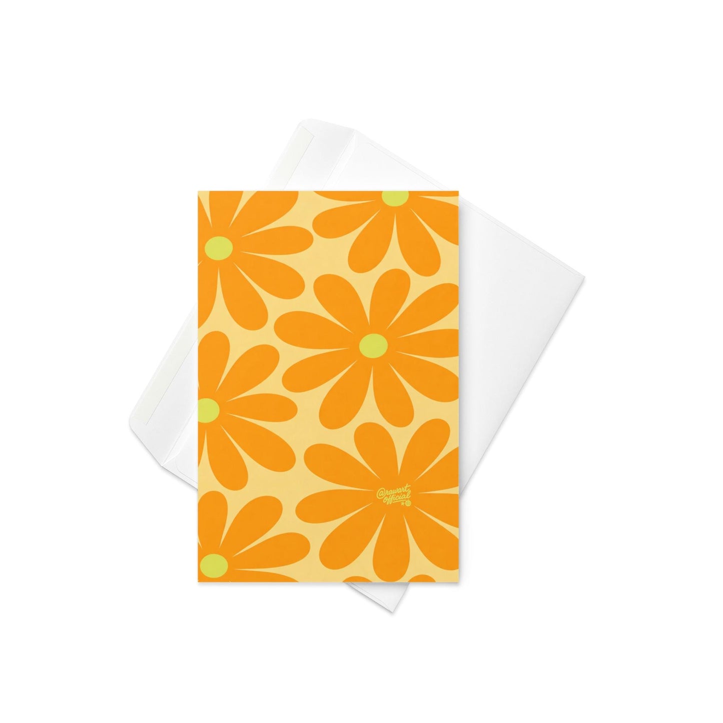 retro orange daisy pattern card bright 70s flower design yellow background spring mothers day floral stationery aesthetic