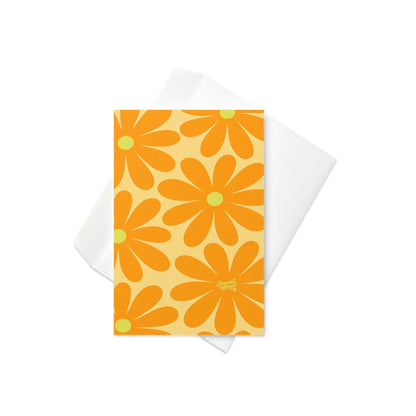retro orange daisy pattern card bright 70s flower design yellow background spring mothers day floral stationery aesthetic