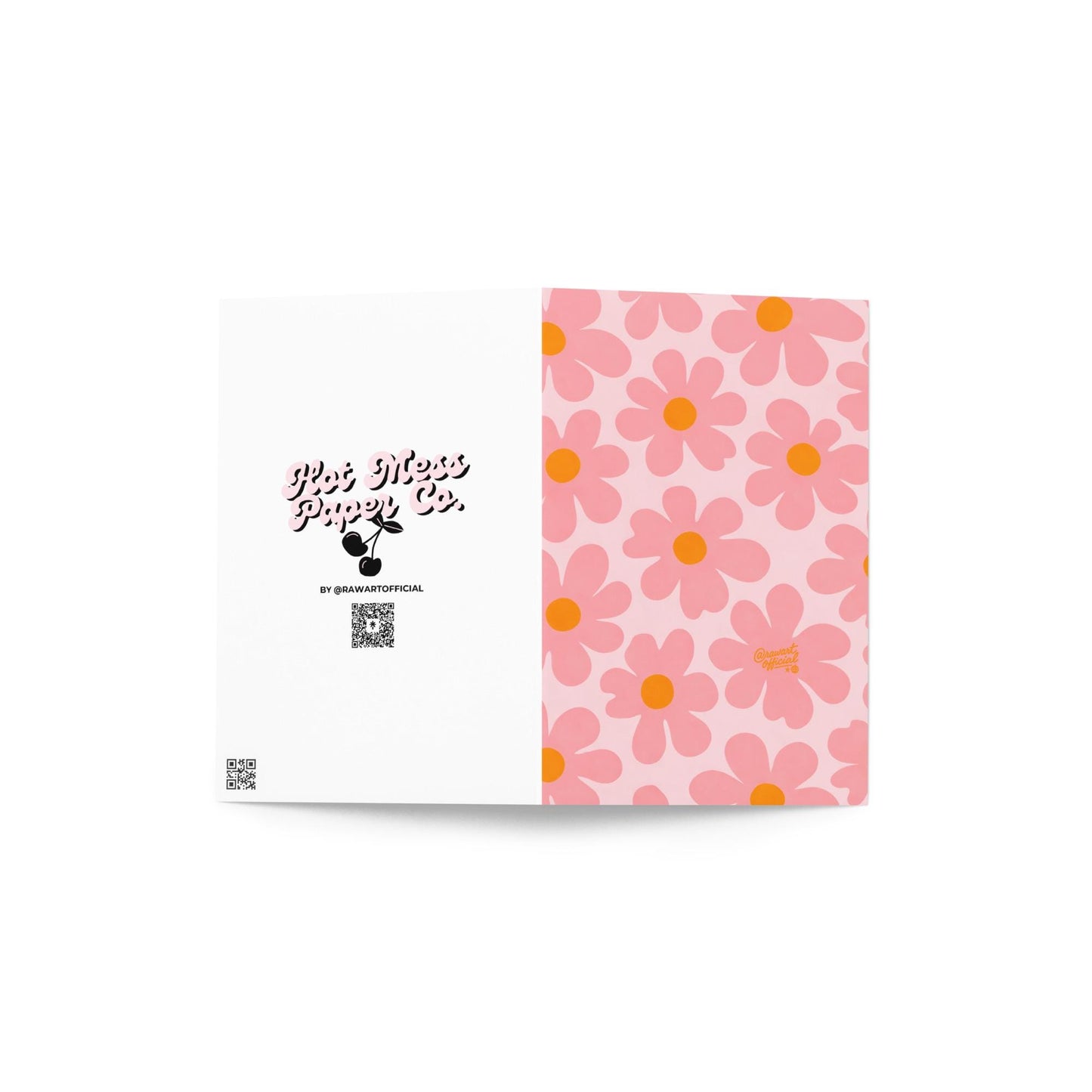 pink retro daisy pattern card pastel flower design orange centers cute spring mothers day floral stationery aesthetic