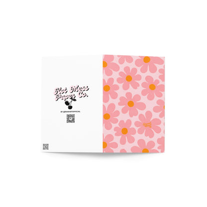 pink retro daisy pattern card pastel flower design orange centers cute spring mothers day floral stationery aesthetic