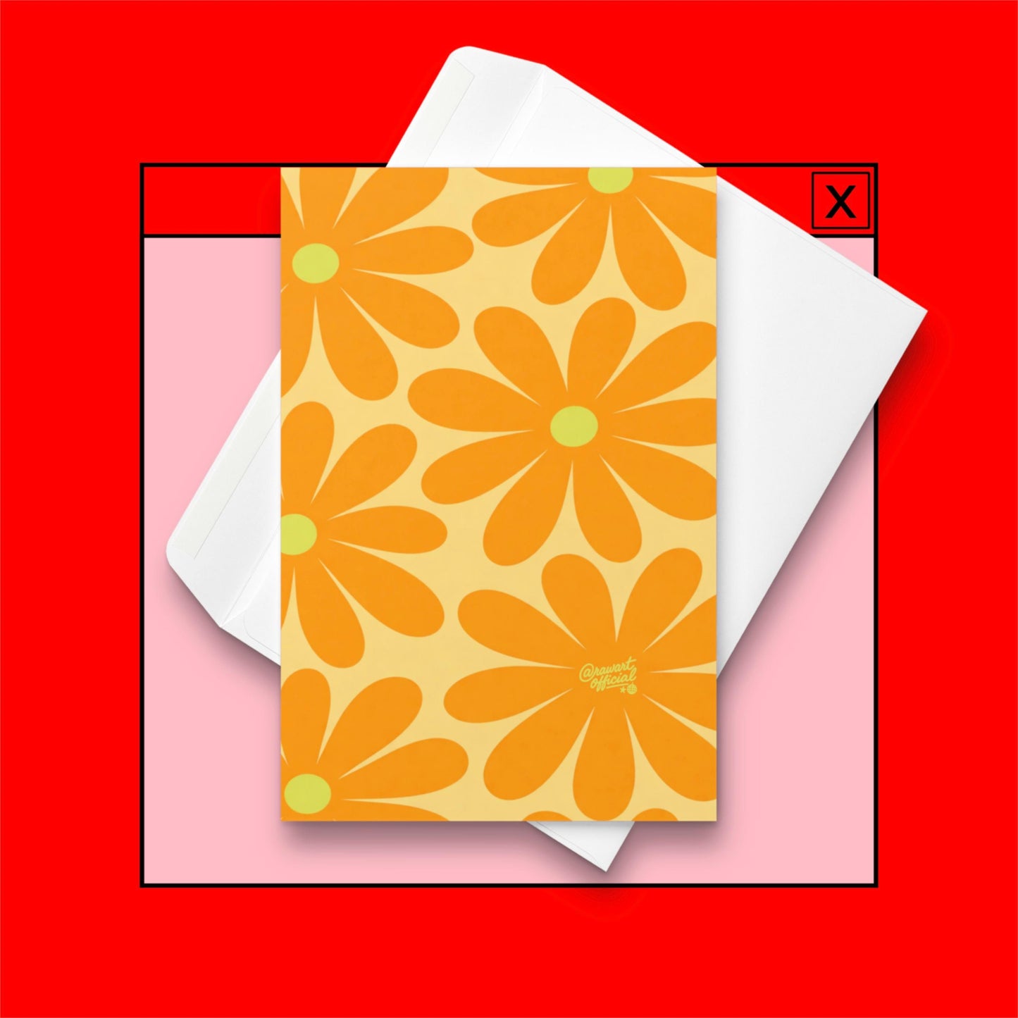 retro orange daisy pattern card bright 70s flower design yellow background spring mothers day floral stationery aesthetic