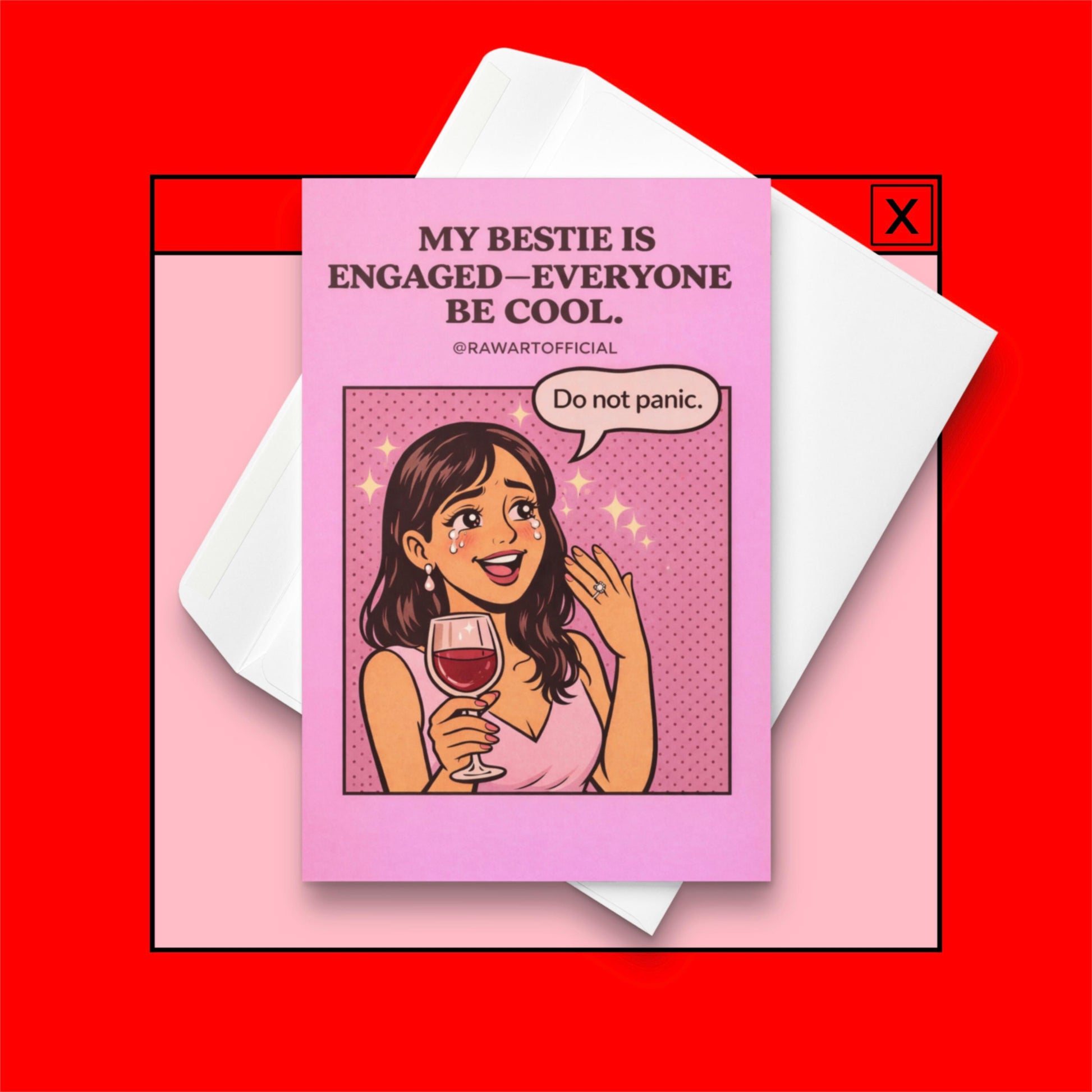 engagement congratulations card featuring illustrated best friend holding wine and showing engagement ring with humorous text