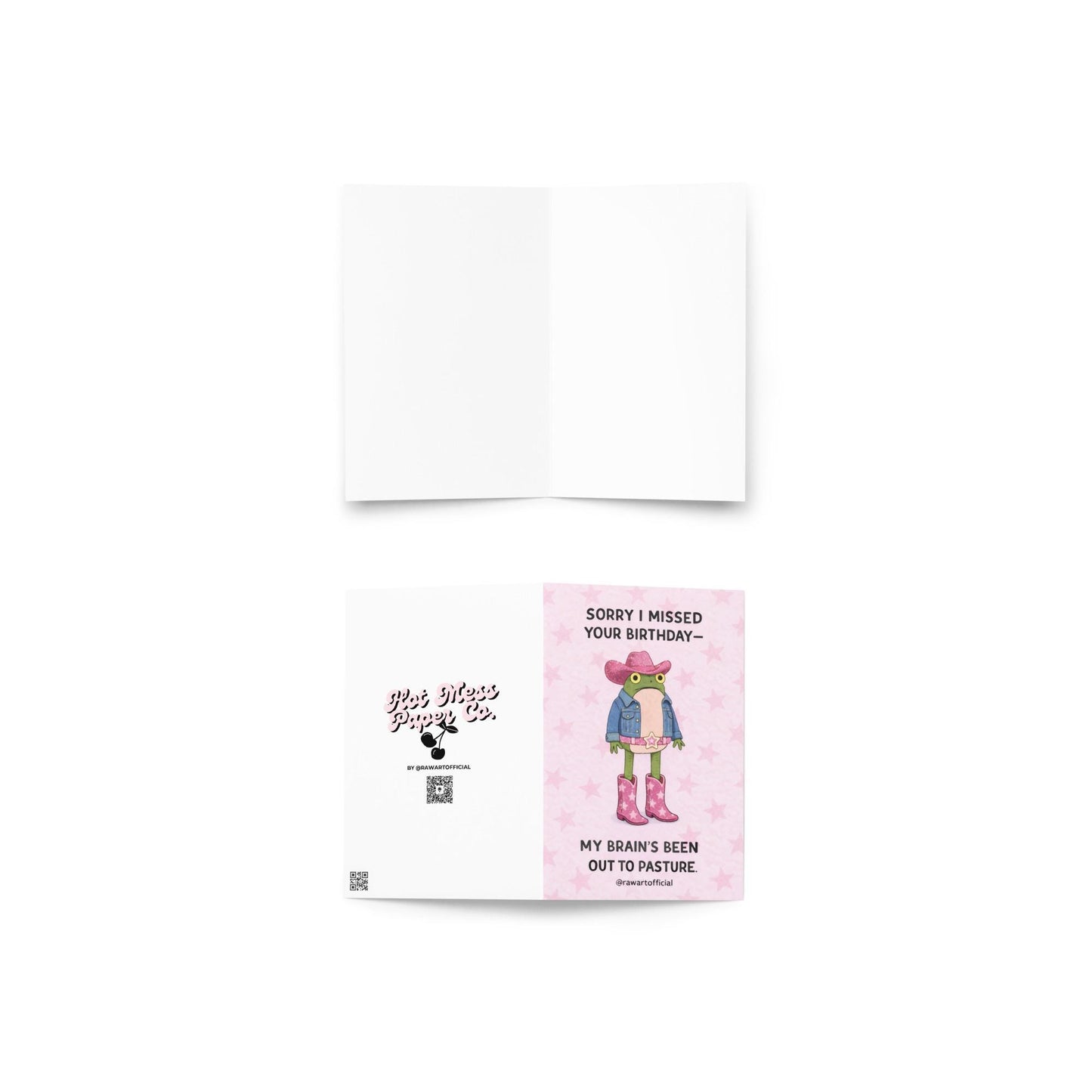 cowgirl frog apology birthday card with pink boots denim jacket and western theme late birthday greeting