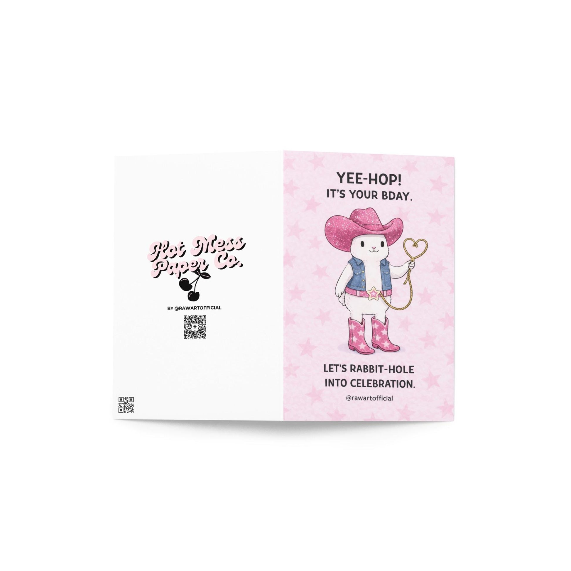 pink cowgirl bunny birthday card with western hat boots and lasso playful rabbit birthday illustration