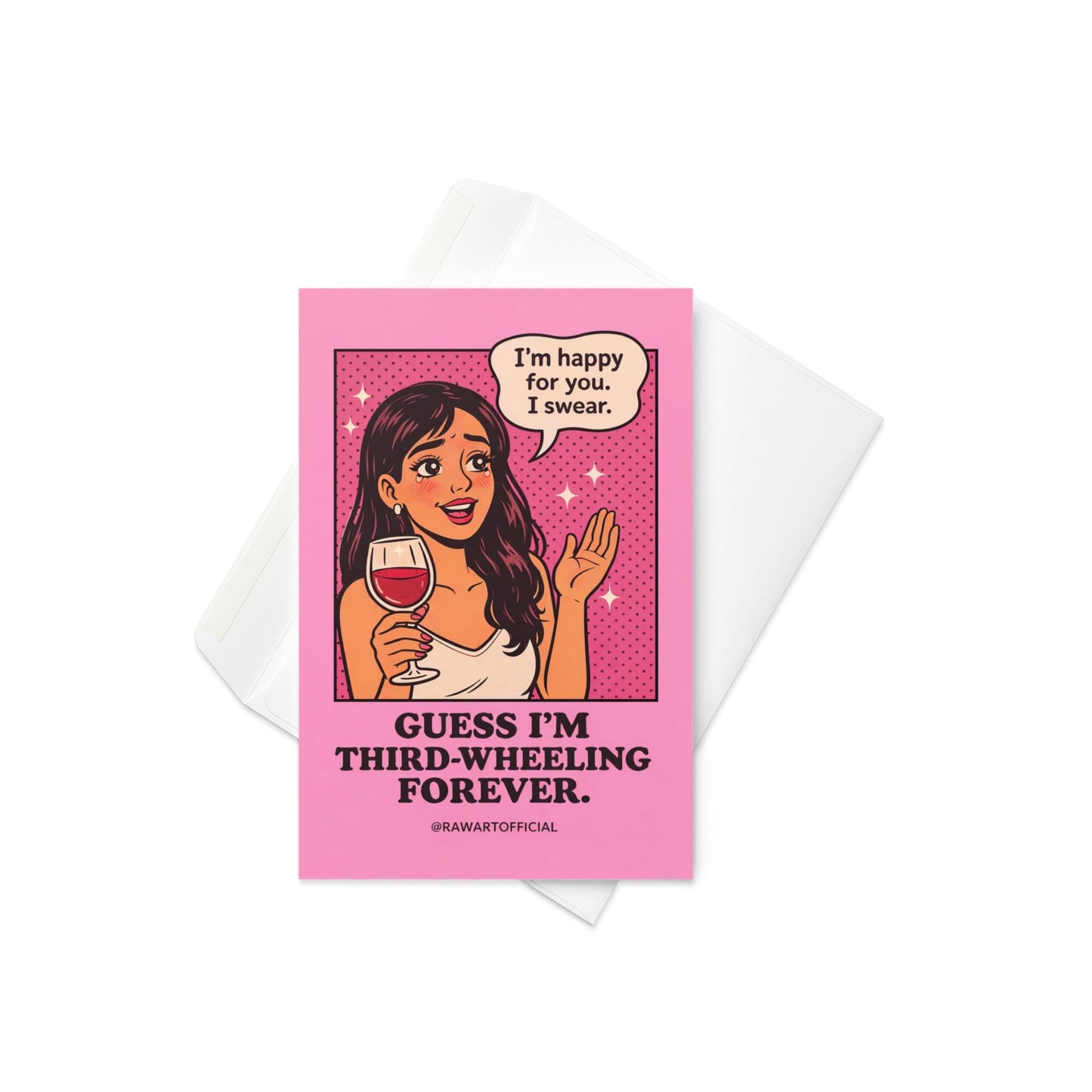engagement reaction card showing illustrated woman holding wine with speech bubble and humorous third wheeling message