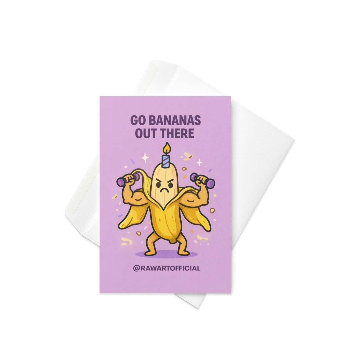 birthday card with illustrated muscular banana lifting dumbbells wearing a candle and text reading go bananas out there on purple background