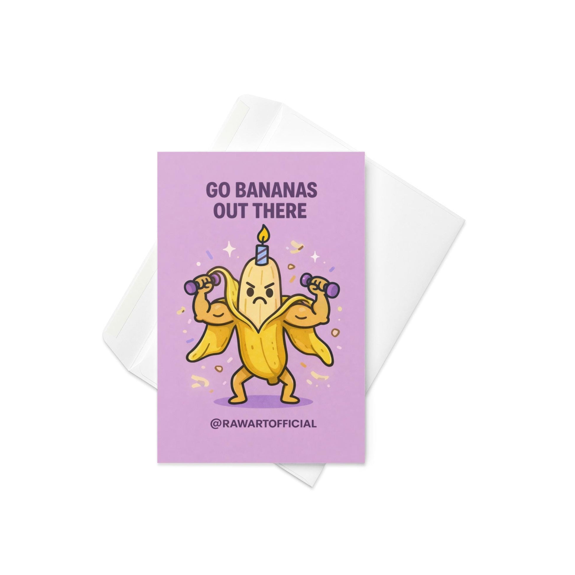 birthday card with illustrated muscular banana lifting dumbbells wearing a candle and text reading go bananas out there on purple background