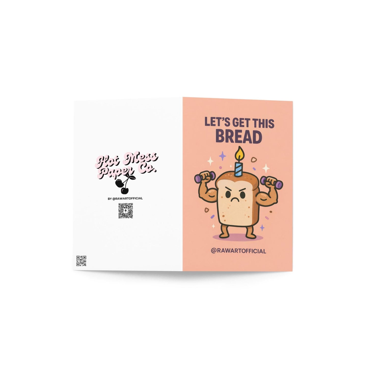 birthday card with illustrated loaf of bread lifting dumbbells wearing a candle on top and text reading let’s get this bread on peach background