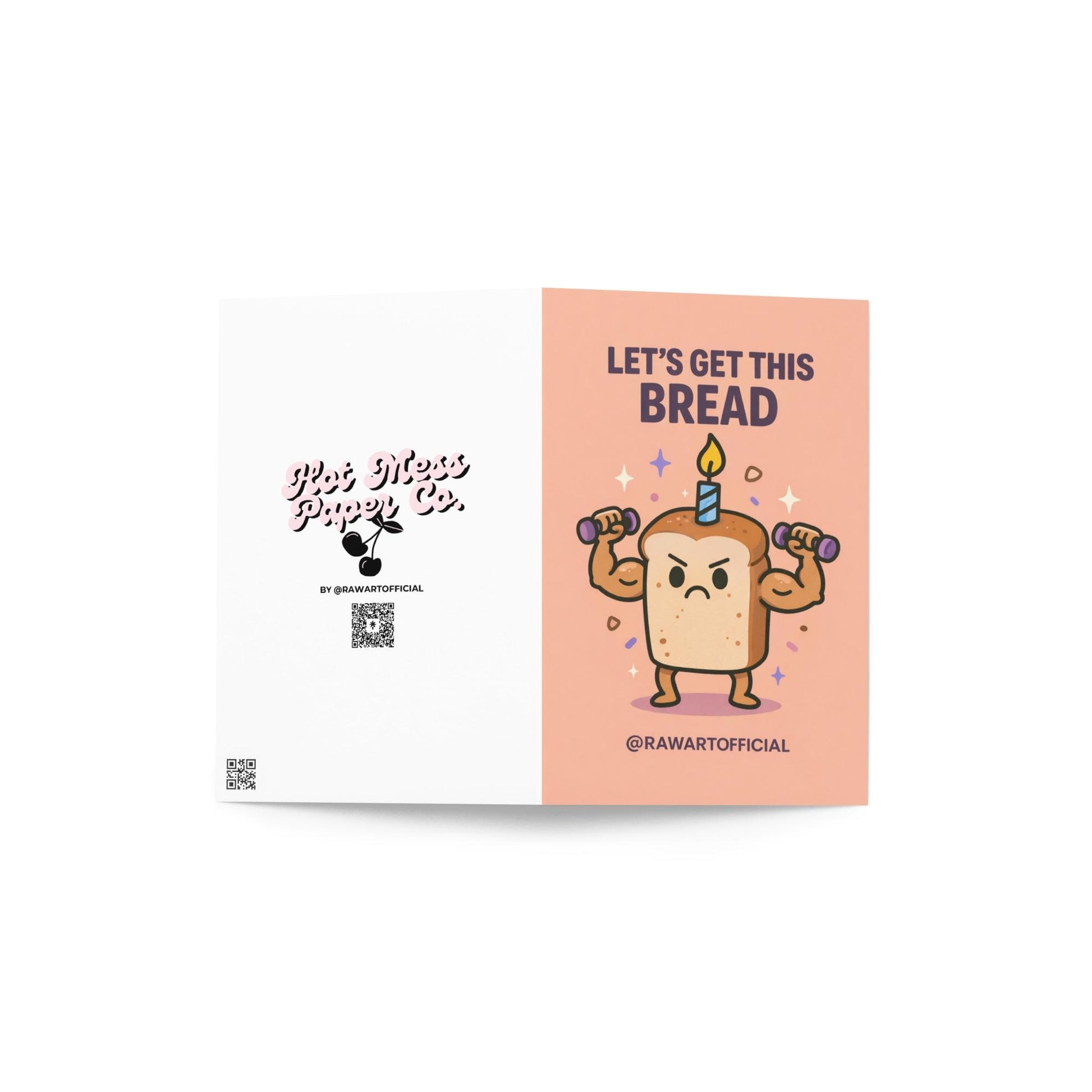 birthday card with illustrated loaf of bread lifting dumbbells wearing a candle on top and text reading let’s get this bread on peach background