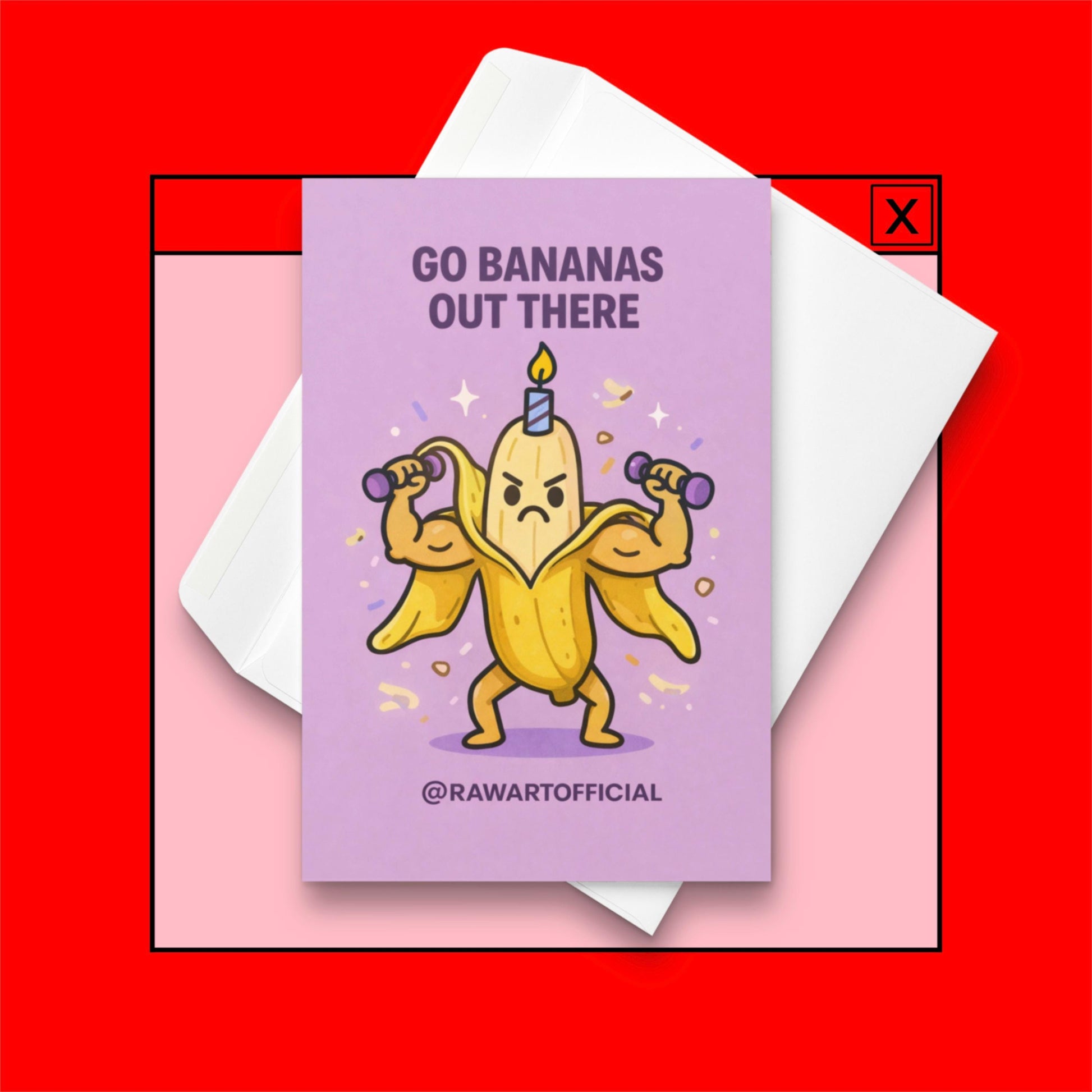 birthday card with illustrated muscular banana lifting dumbbells wearing a candle and text reading go bananas out there on purple background