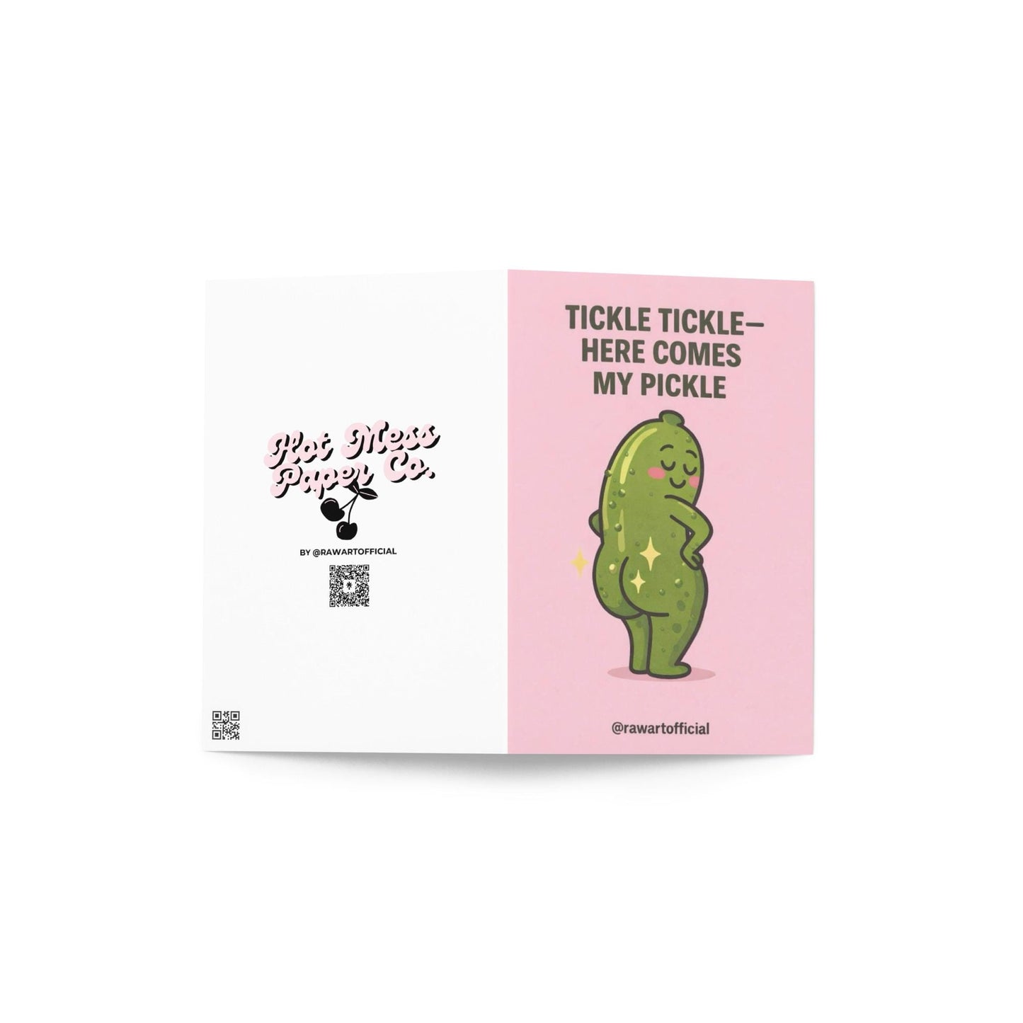 flirty love card with illustrated green pickle character posing confidently on pink background with text reading tickle tickle here comes my pickle
