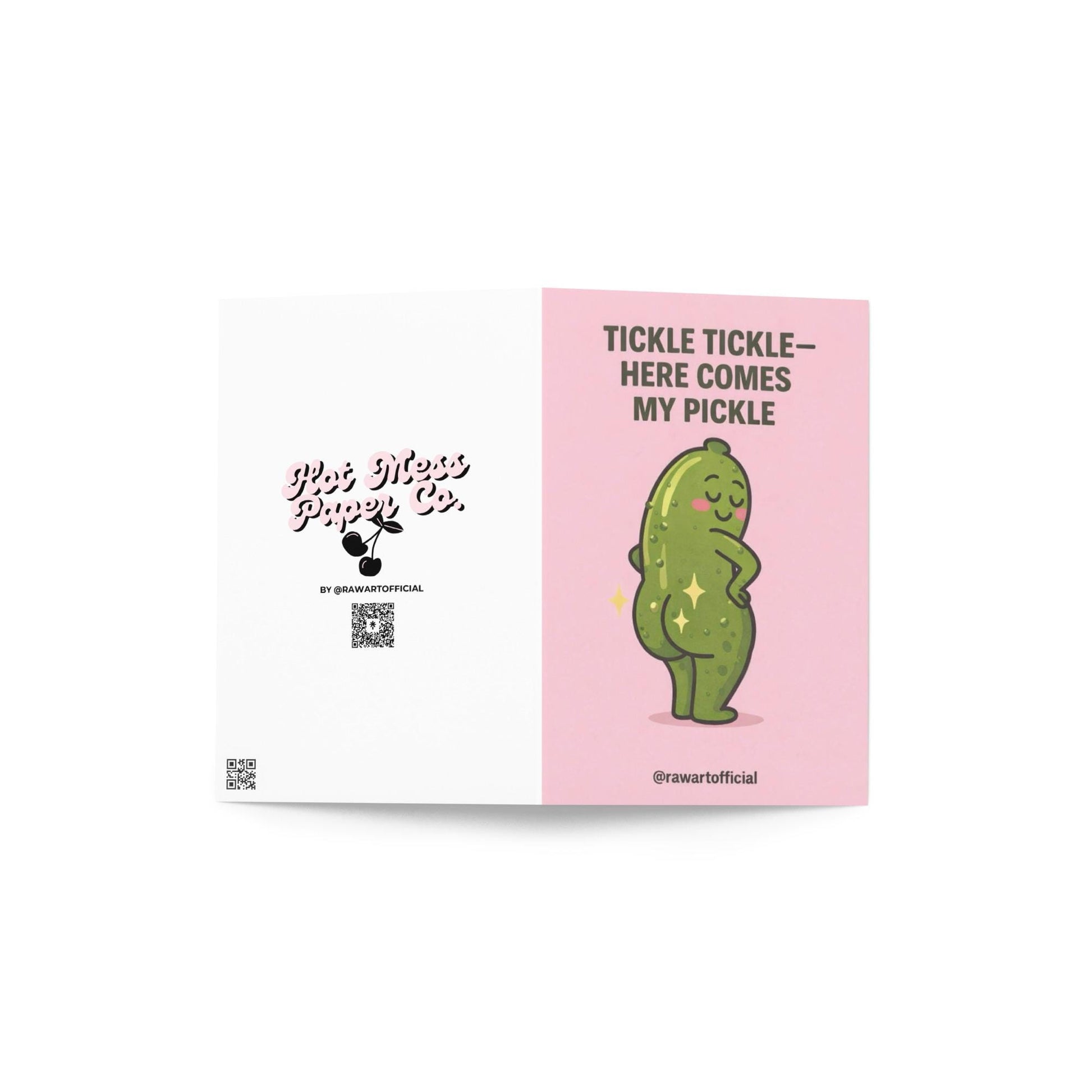 flirty love card with illustrated green pickle character posing confidently on pink background with text reading tickle tickle here comes my pickle
