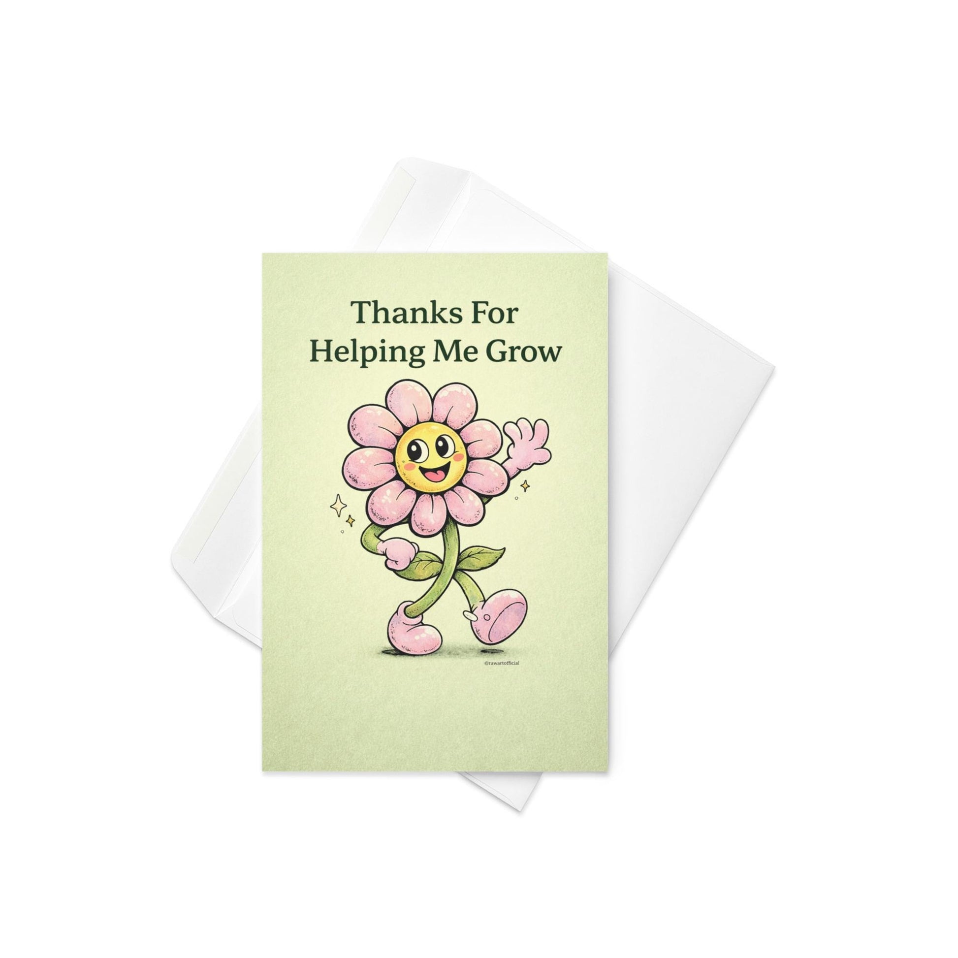 mother’s day card featuring smiling pink flower character waving with text thanks for helping me grow on soft green background spring appreciation card